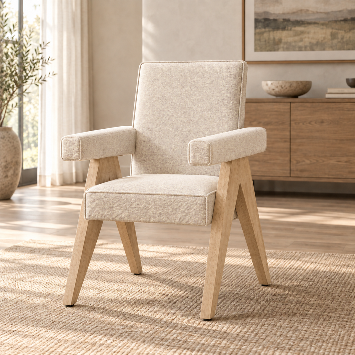 Lifestyle view: Jakob Fabric Dining Armchair beside a table in a sunlit dining room