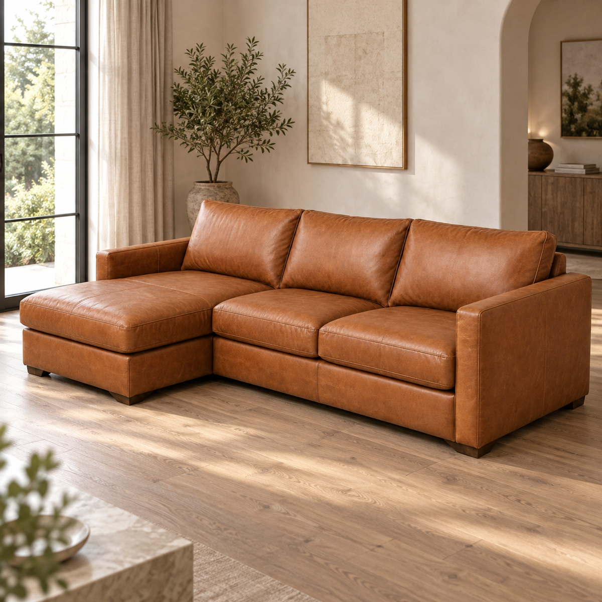 Lifestyle view: Laurel leather sectional in a sunlit furnished living room