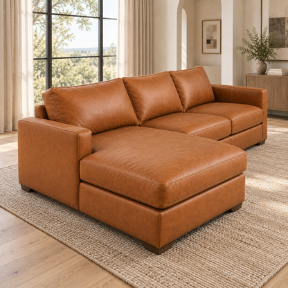Lifestyle view: Laurel leather sectional in a warmly lit furnished living room