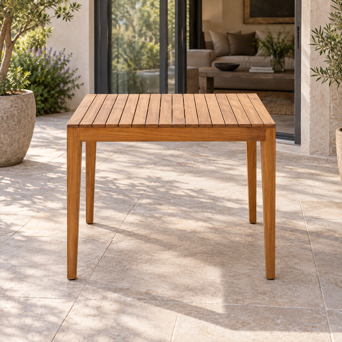 Lifestyle view: Lecce Dining Table, Square, photographed in a quiet outdoor courtyard