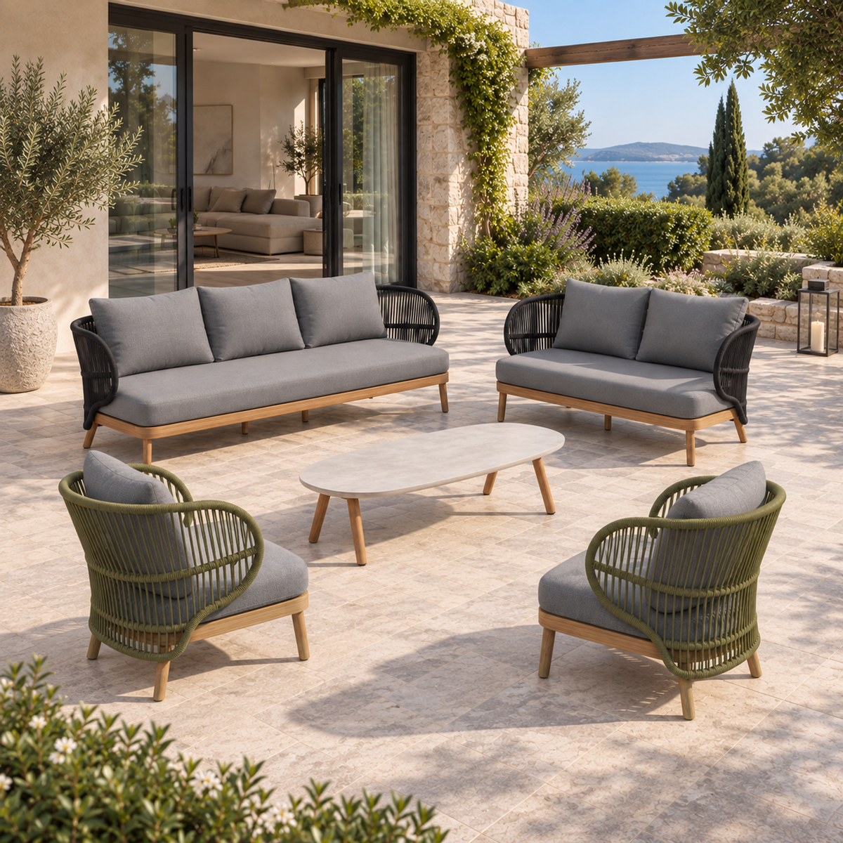 Lifestyle view: Menorca Outdoor Sofa Set in a furnished home terrace