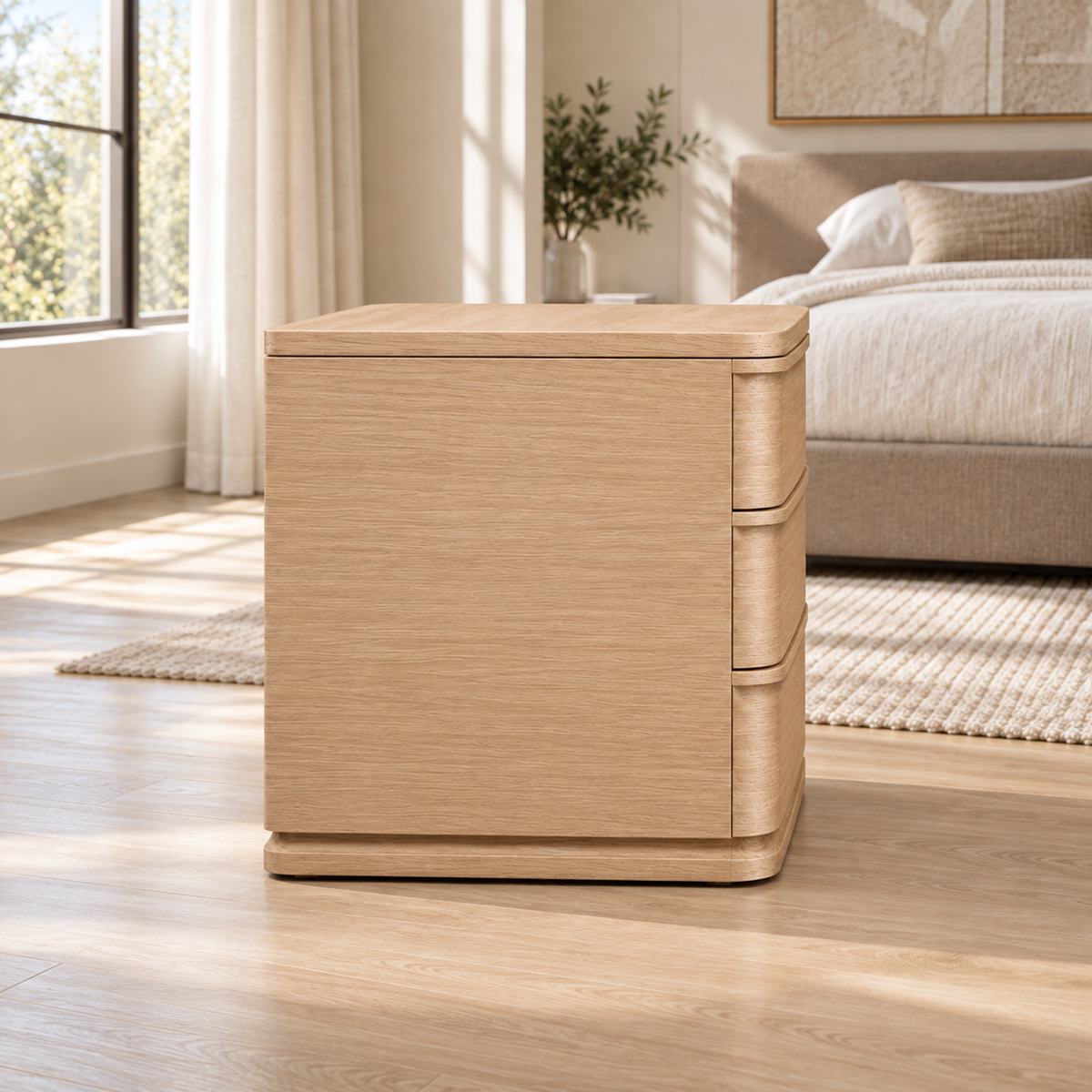 Lifestyle view: Ligné Closed Nightstand, photographed in a quiet bedroom