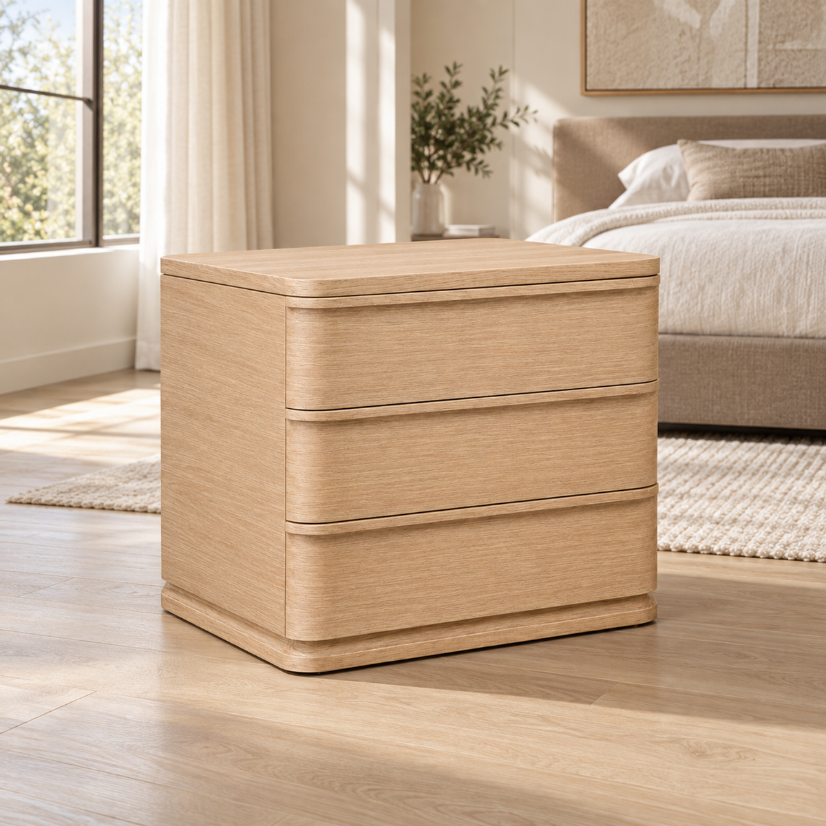 Lifestyle view: Ligné closed nightstand in a sunlit bedroom