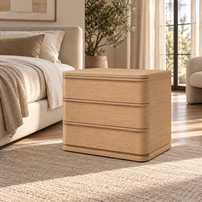 Lifestyle view: Ligné closed nightstand in a warm furnished bedroom