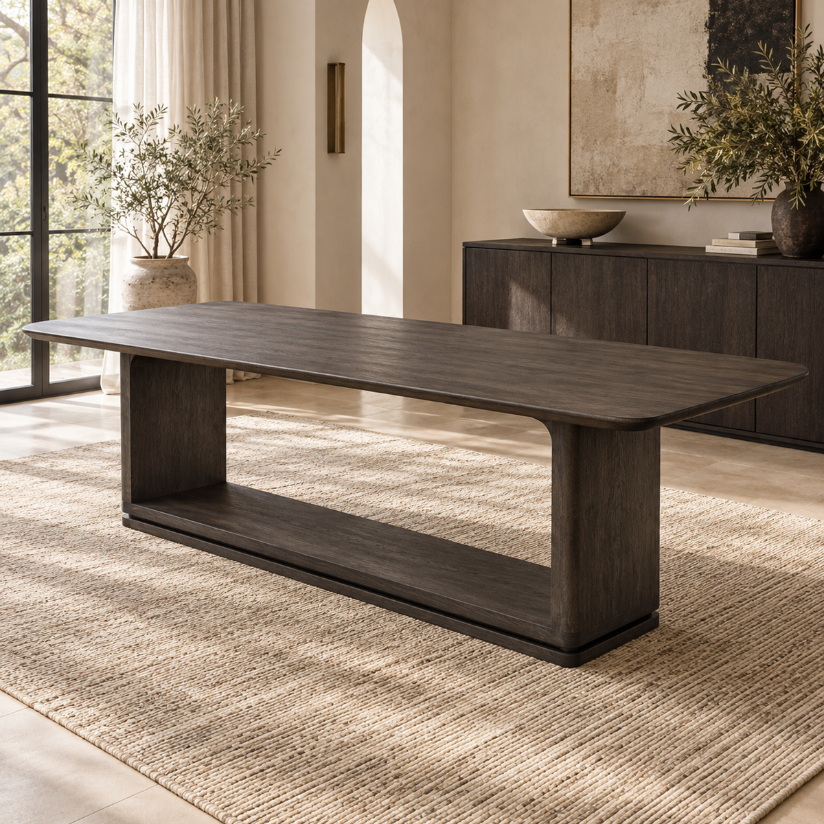Lifestyle view: Ligné Open Rectangular Dining Table in a warmly lit furnished dining room