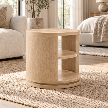 Lifestyle view: Ligné Open Round Side Table, photographed in a quiet bedroom