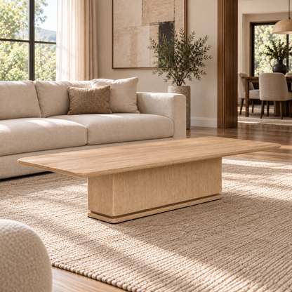 Lifestyle view: Ligné Pedestal Coffee Table, photographed in a quiet interior