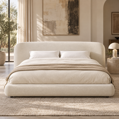 Lifestyle view: Lola Fabric Extended Panel Bed, straight foot-frontal12degrees down, level front rail in a furnished bedroom