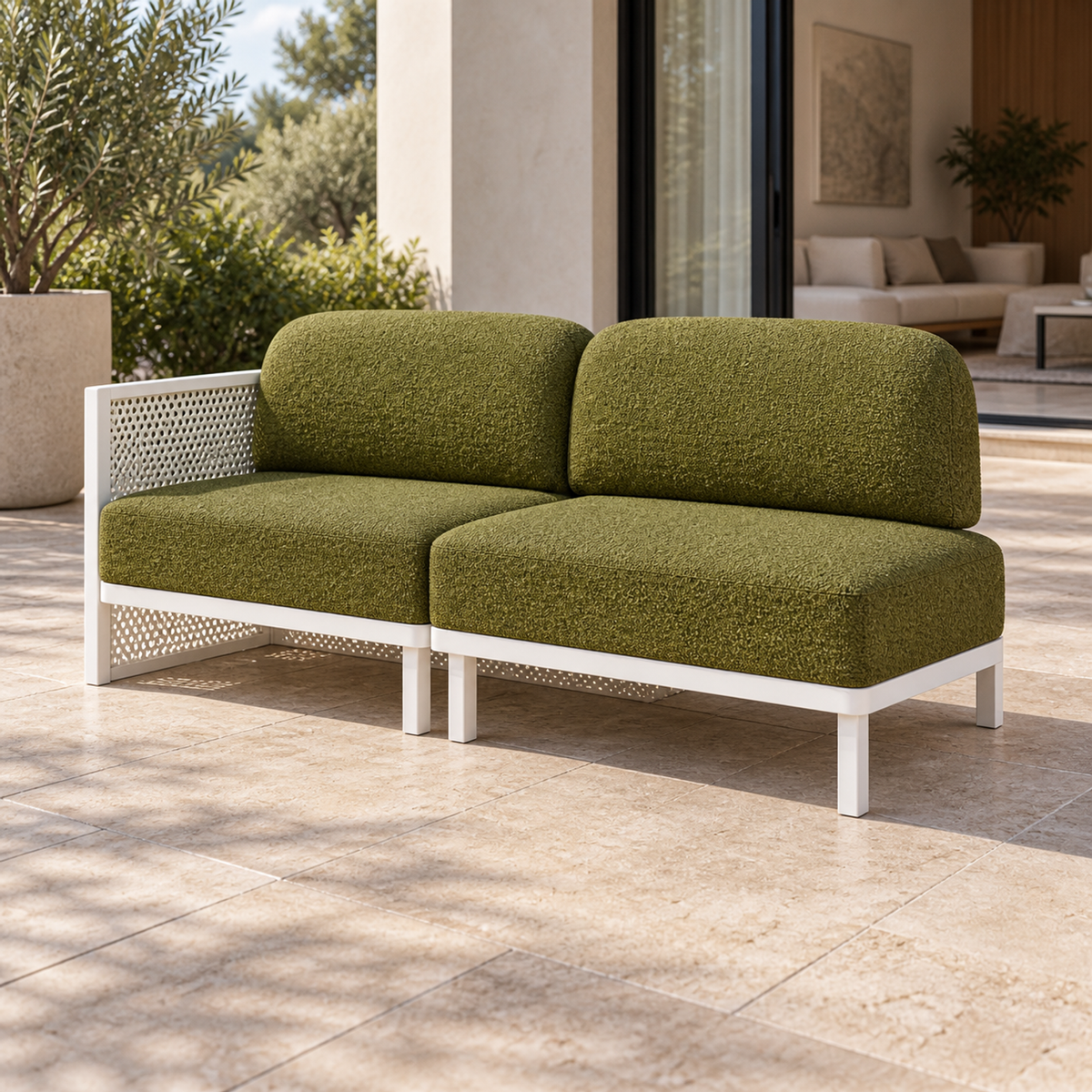 Lifestyle view: Luna modular two-seat sofa, open-end diagonal view on a home terrace