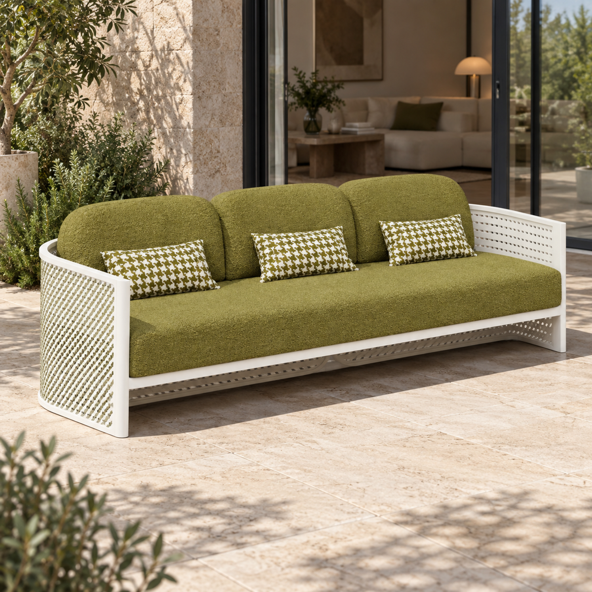 Lifestyle view: Luna aluminium sofa, left diagonal view on a furnished home terrace
