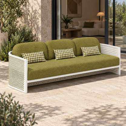 Lifestyle view: Luna aluminium sofa, left diagonal view on a furnished home terrace