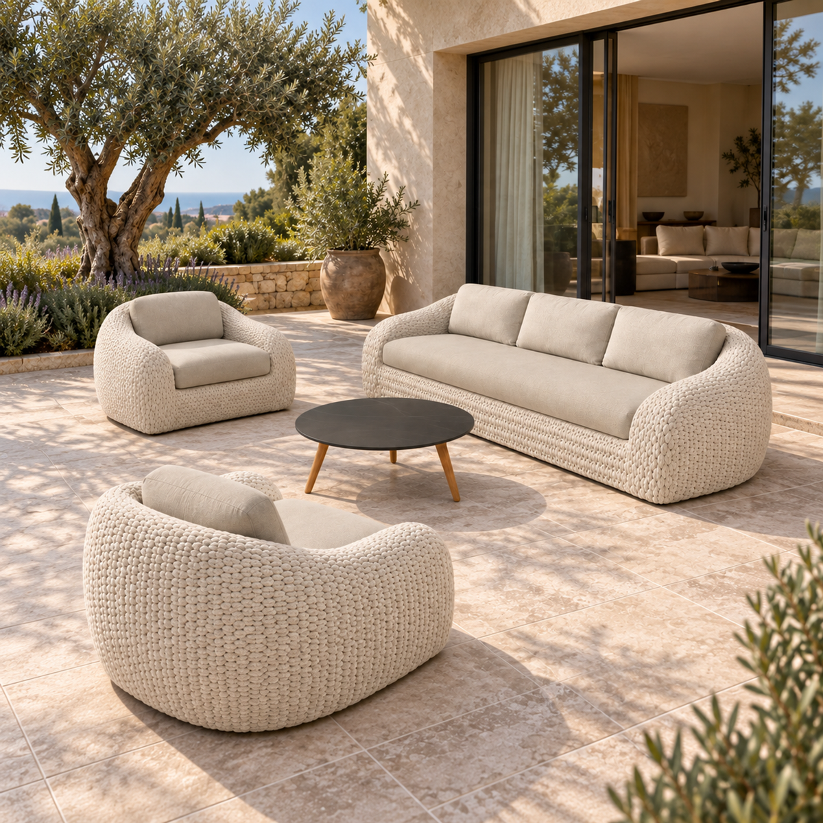 Lifestyle view: Marisol Outdoor Sofa Set, photographed in a quiet outdoor courtyard