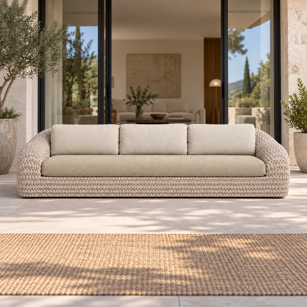 Lifestyle view: Marisol 220 cm bone knitted-rope sofa with three pale back cushions, photographed in a limestone courtyard