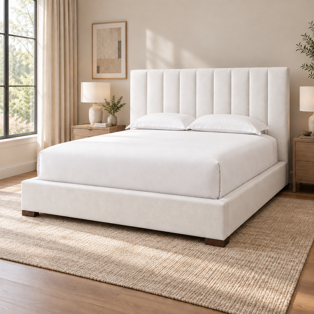 Lifestyle view: Modena Fabric Vertical Channel Panel Platform Bed, opposite foot-right diagonal50degrees around and40degrees down in a furnished bedroom