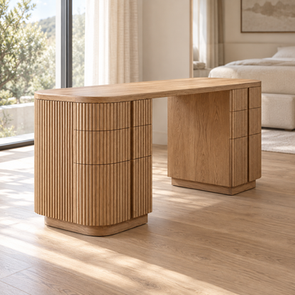 Lifestyle view: Mulholland 6-Drawer Desk, photographed in a quiet bedroom