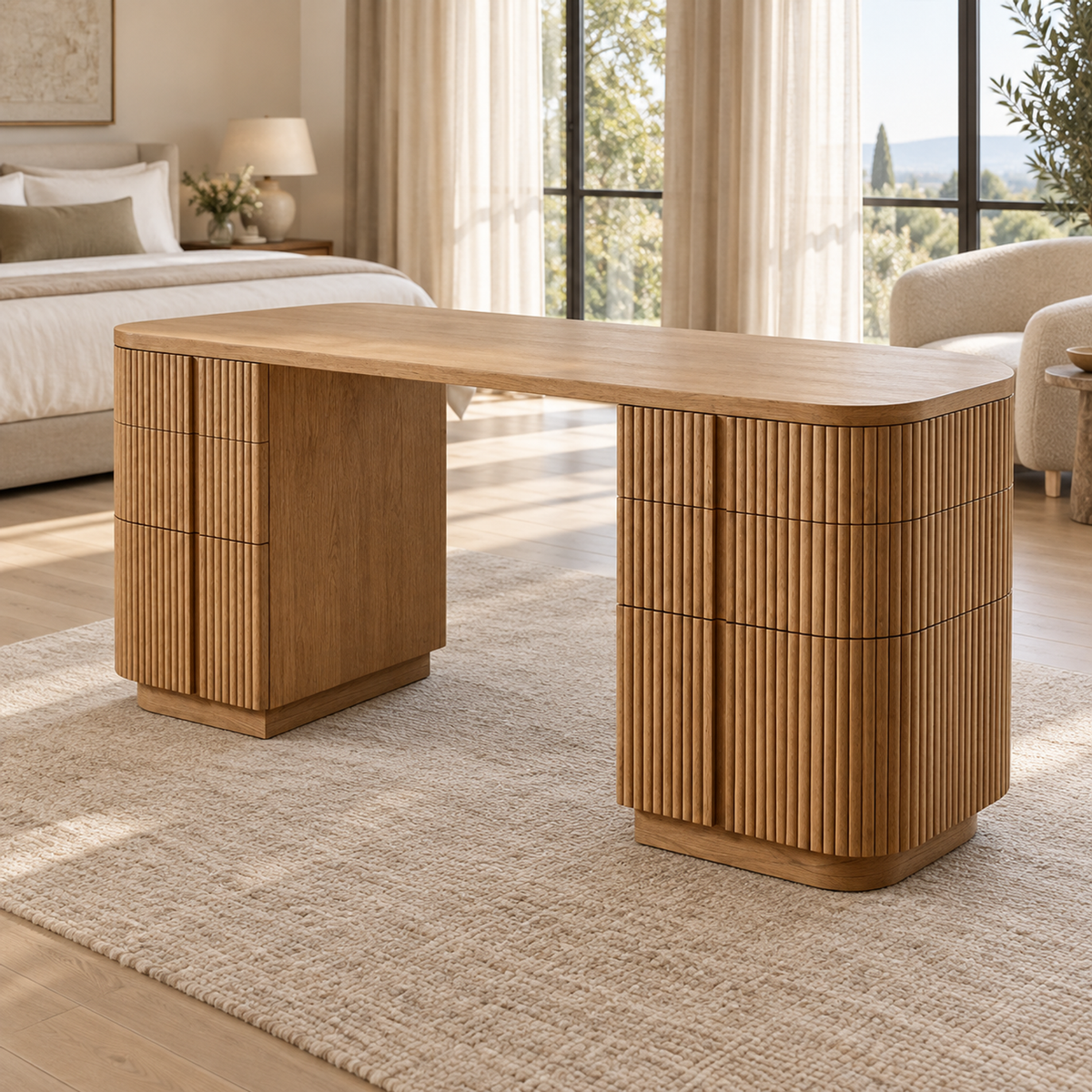 Lifestyle view: Mulholland 6-Drawer Desk in a warmly lit furnished study