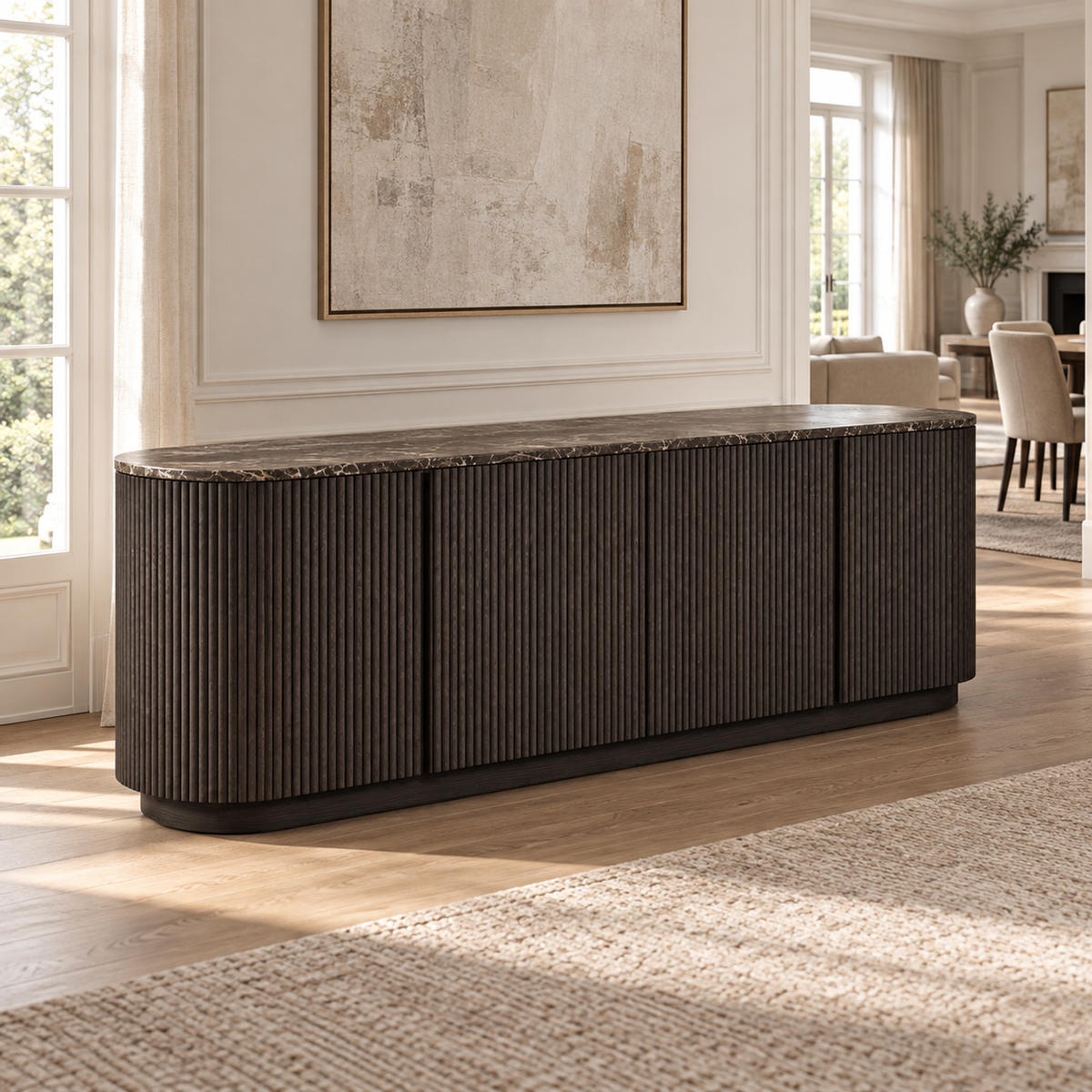 Lifestyle view: Mulholland Emperador dark oak sideboard in a sunlit furnished interior