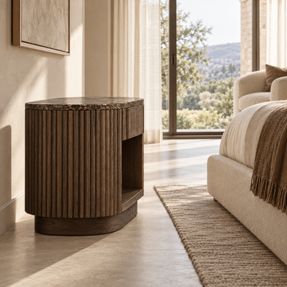 Lifestyle view: Mulholland Open Nightstand, photographed in a quiet bedroom