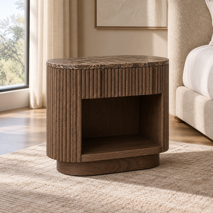 Lifestyle view: Mulholland open nightstand in a sunlit bedroom