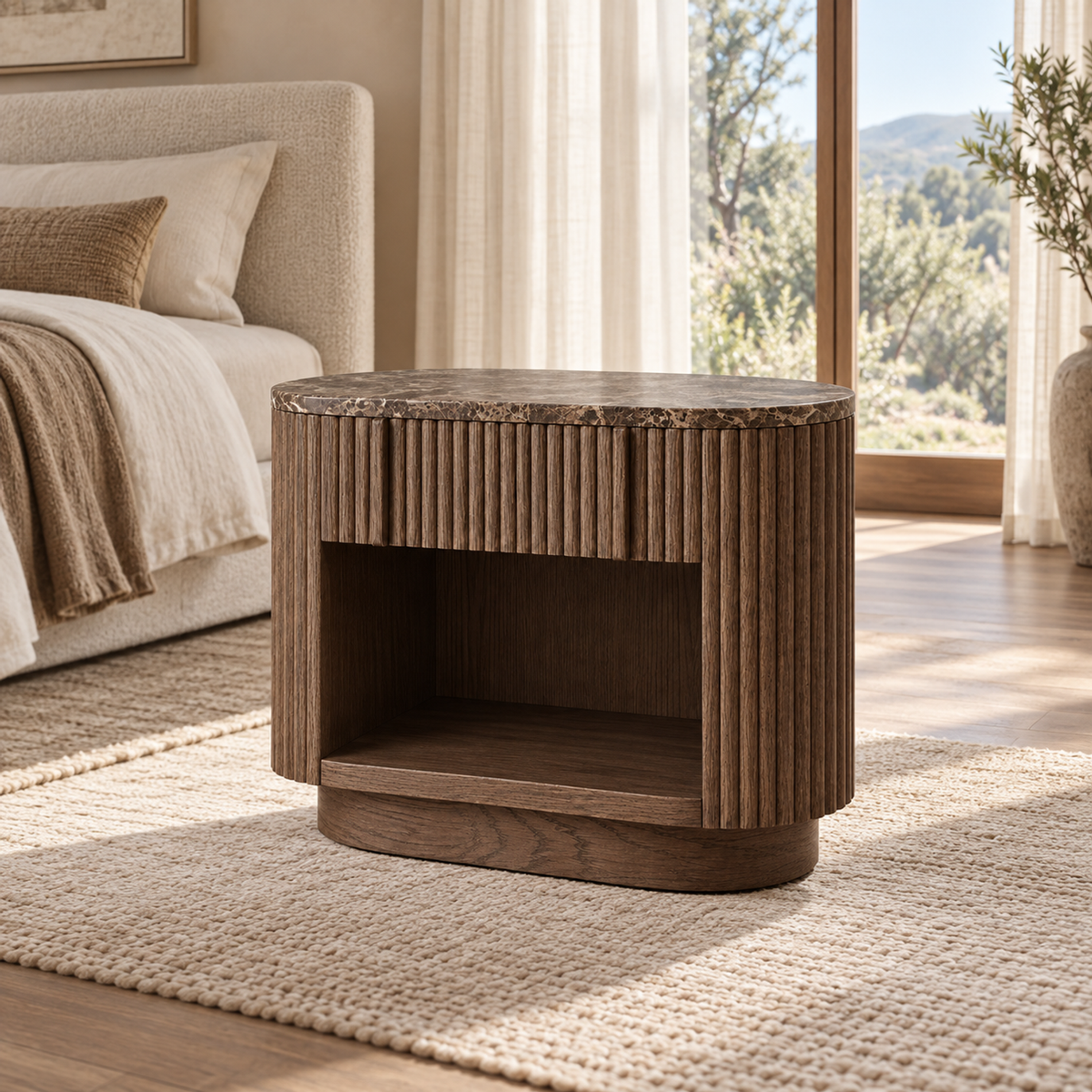 Lifestyle view: Mulholland open nightstand in a warm furnished bedroom