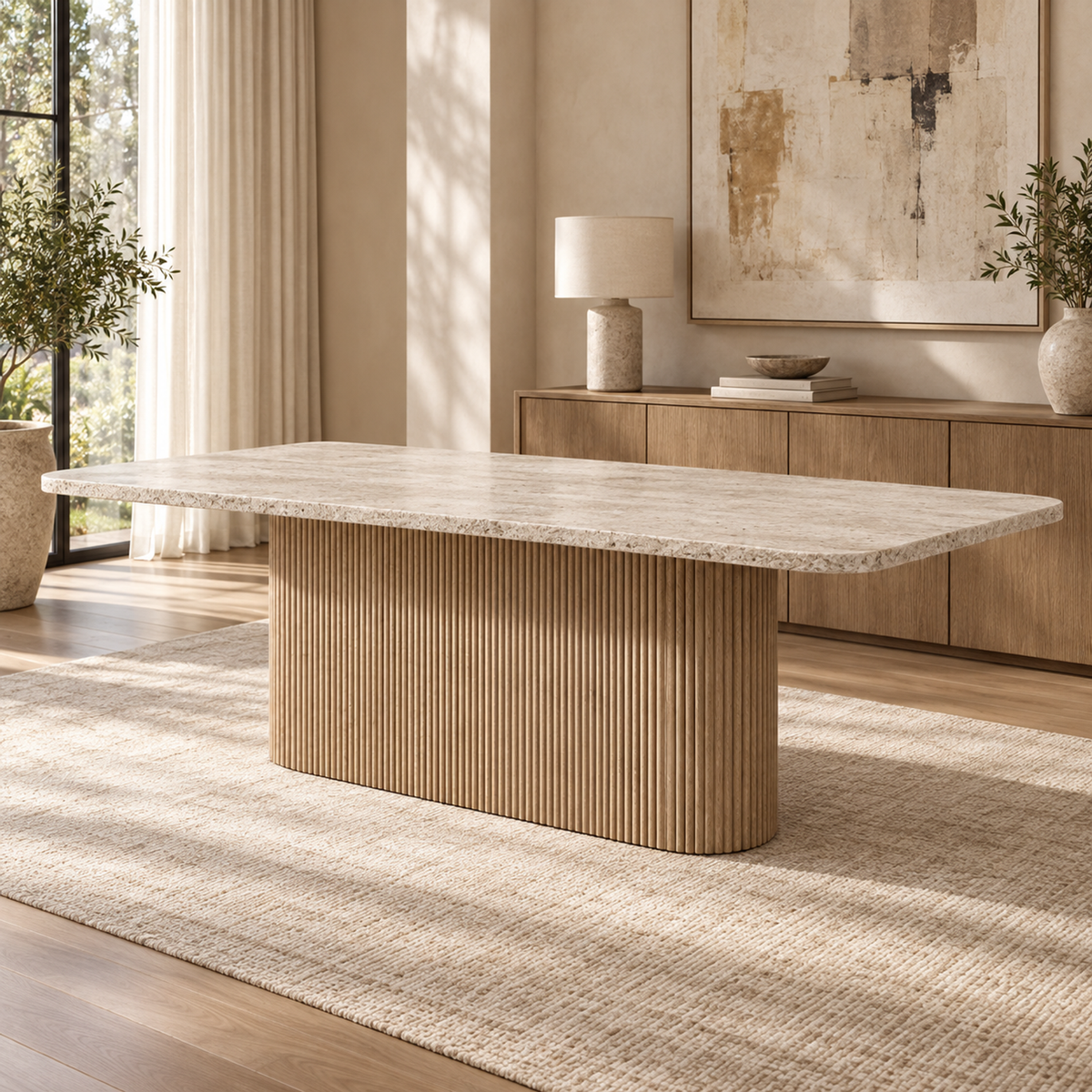 Lifestyle view: Mulholland Pedestal Rectangular Dining Table in a sunlit furnished dining room