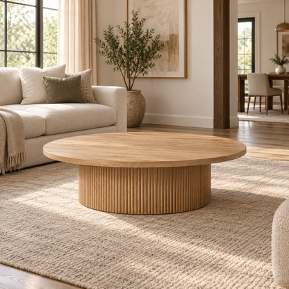 Lifestyle view: Mulholland Pedestal Round Coffee Table, photographed in a quiet interior