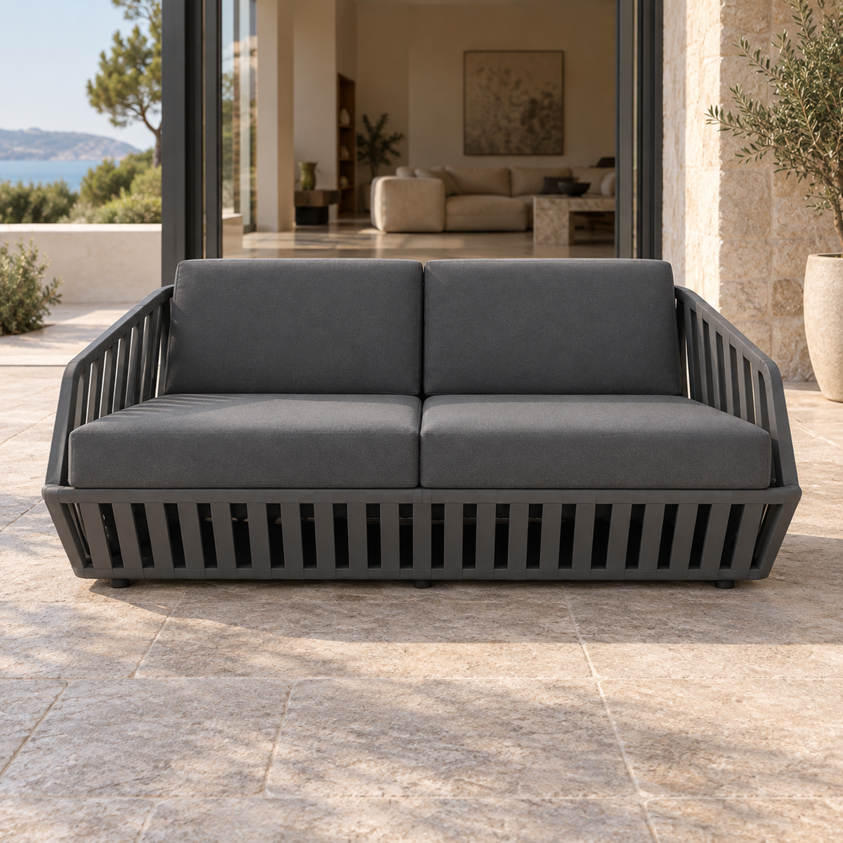 Lifestyle view: Mykonos Two-Seat Sofa, photographed in a quiet outdoor courtyard
