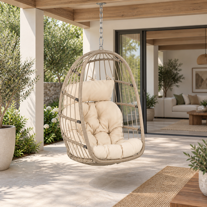 Lifestyle view: Nido Hanging Chair, photographed in a quiet outdoor courtyard