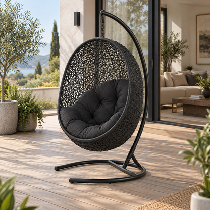 Lifestyle view: Nido Hanging Chair with Stand, photographed in a quiet outdoor courtyard