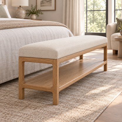 Lifestyle view: Padua Fabric End-of-Bed Bench, photographed in a quiet bedroom