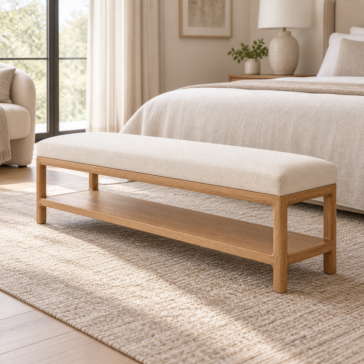 Lifestyle view: Padua Fabric End-of-Bed Bench in a warmly lit bedroom