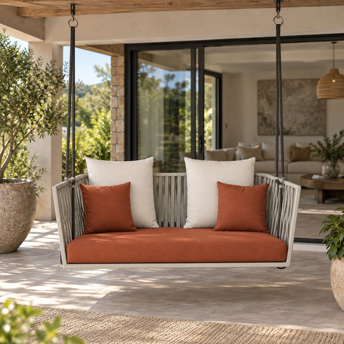 Lifestyle view: Portico Swing Bench, photographed in a quiet outdoor courtyard