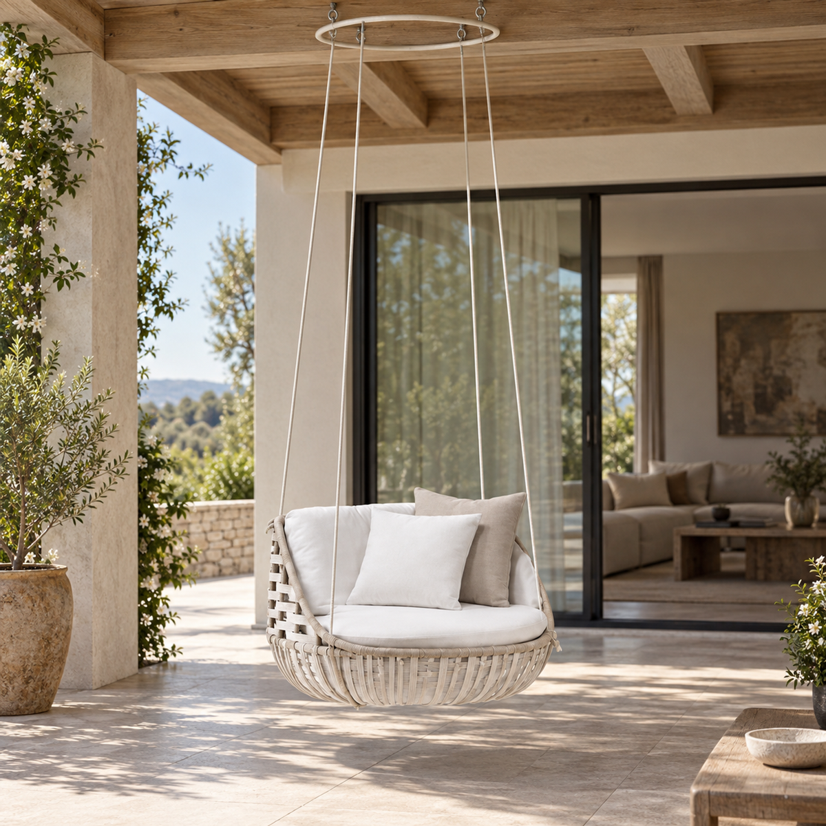 Lifestyle view: Portico Swing Seat, Single, photographed in a quiet outdoor courtyard