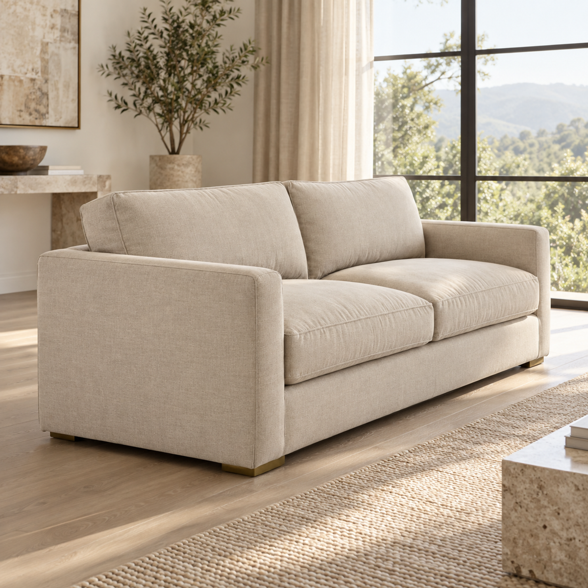 Lifestyle view: Presidio Loveseat in a warmly lit furnished interior