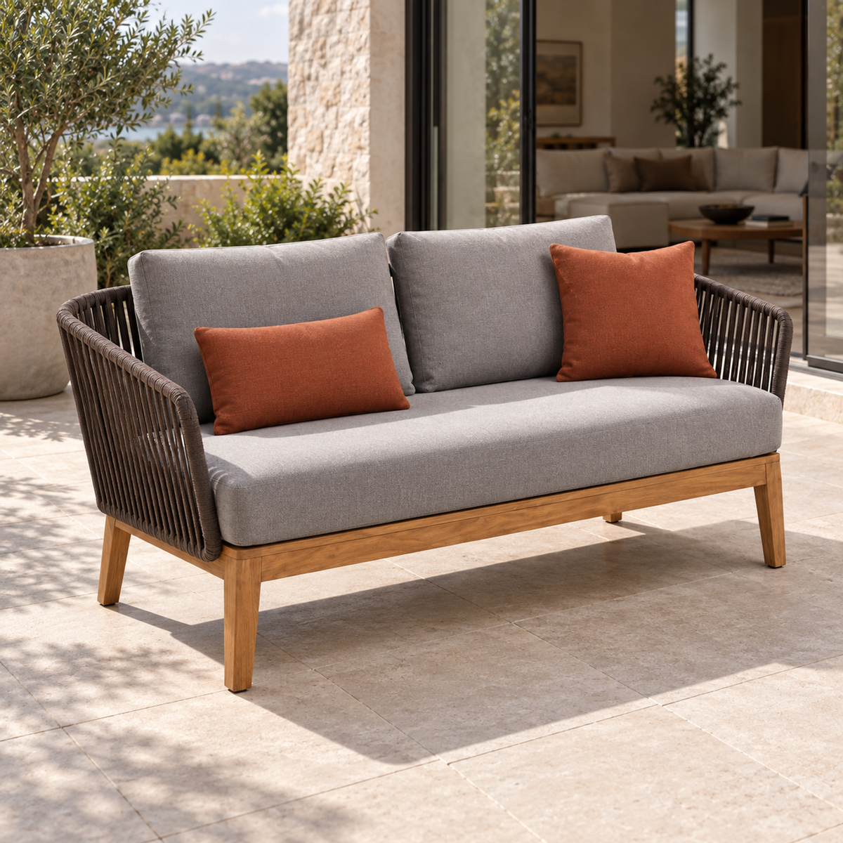 Lifestyle view: Puglia Two-Seat Sofa, photographed in a quiet outdoor courtyard
