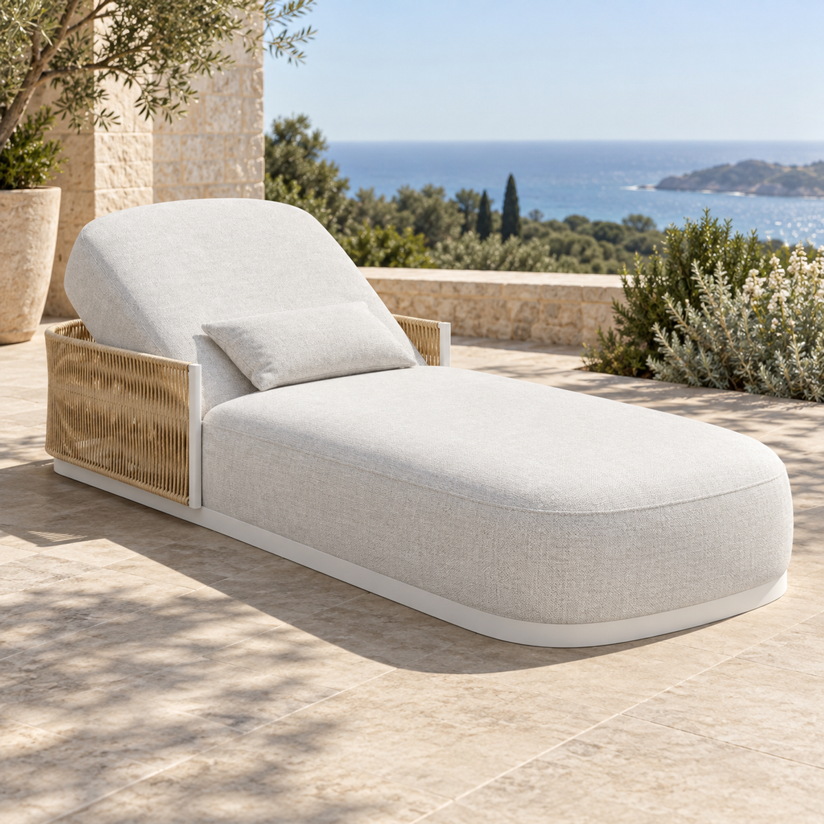 Lifestyle view: Ripple Flat Sun Lounger in Aluminium, opposite foot diagonal on a coastal terrace