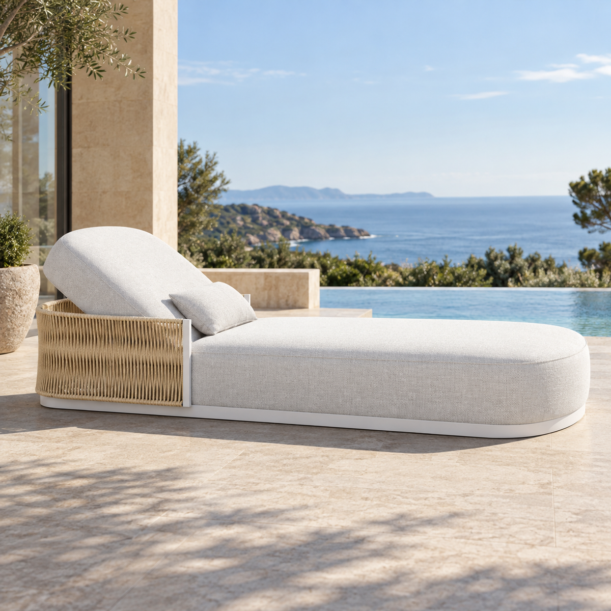 Lifestyle view: Ripple Flat Sun Lounger in Aluminium, side profile beside a pool