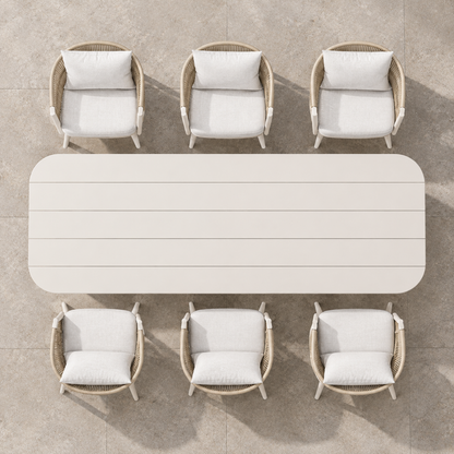 Ripple aluminium dining set, complete overhead view on a stone terrace