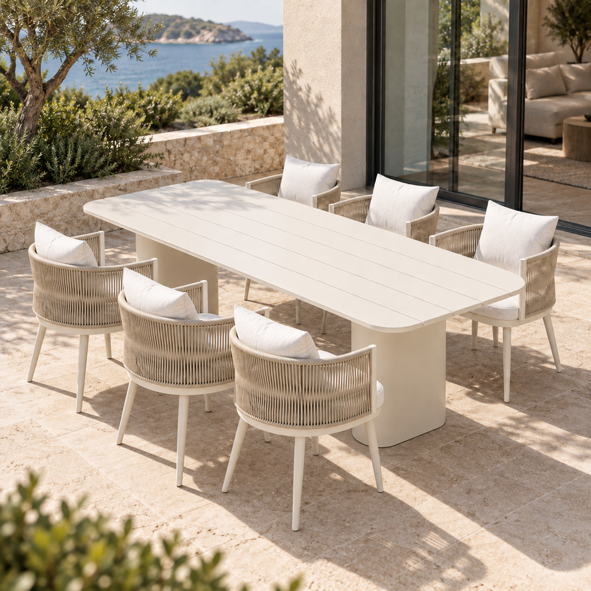 Lifestyle view: Ripple Outdoor Dining Set in Aluminium, elevated right diagonal on a coastal terrace