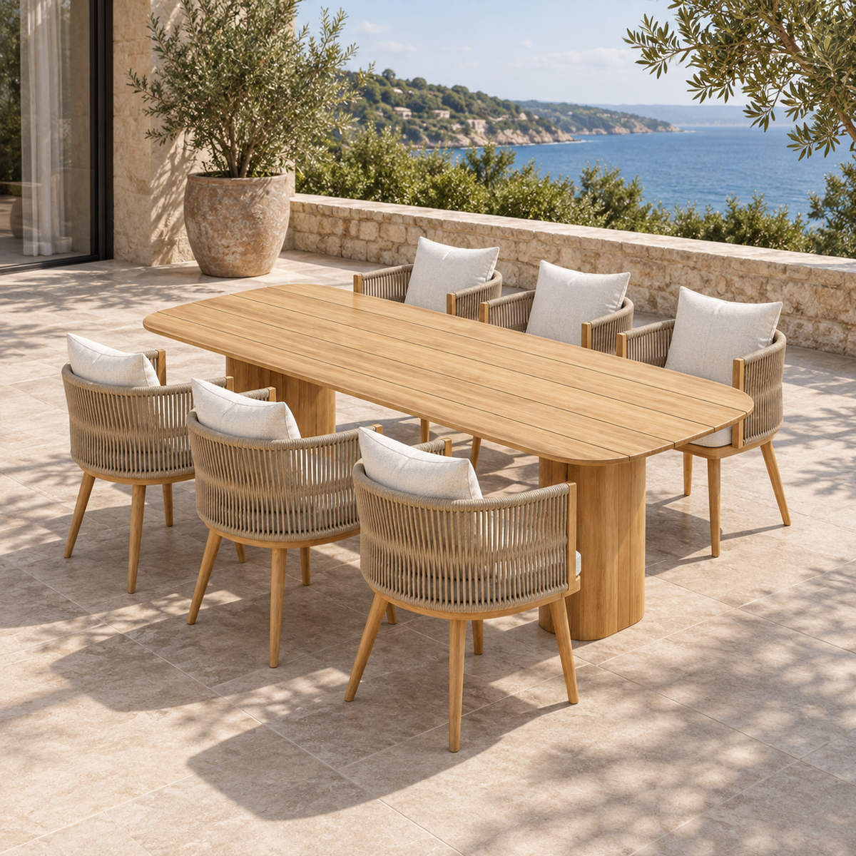Ripple teak dining set, elevated diagonal on a coastal home terrace