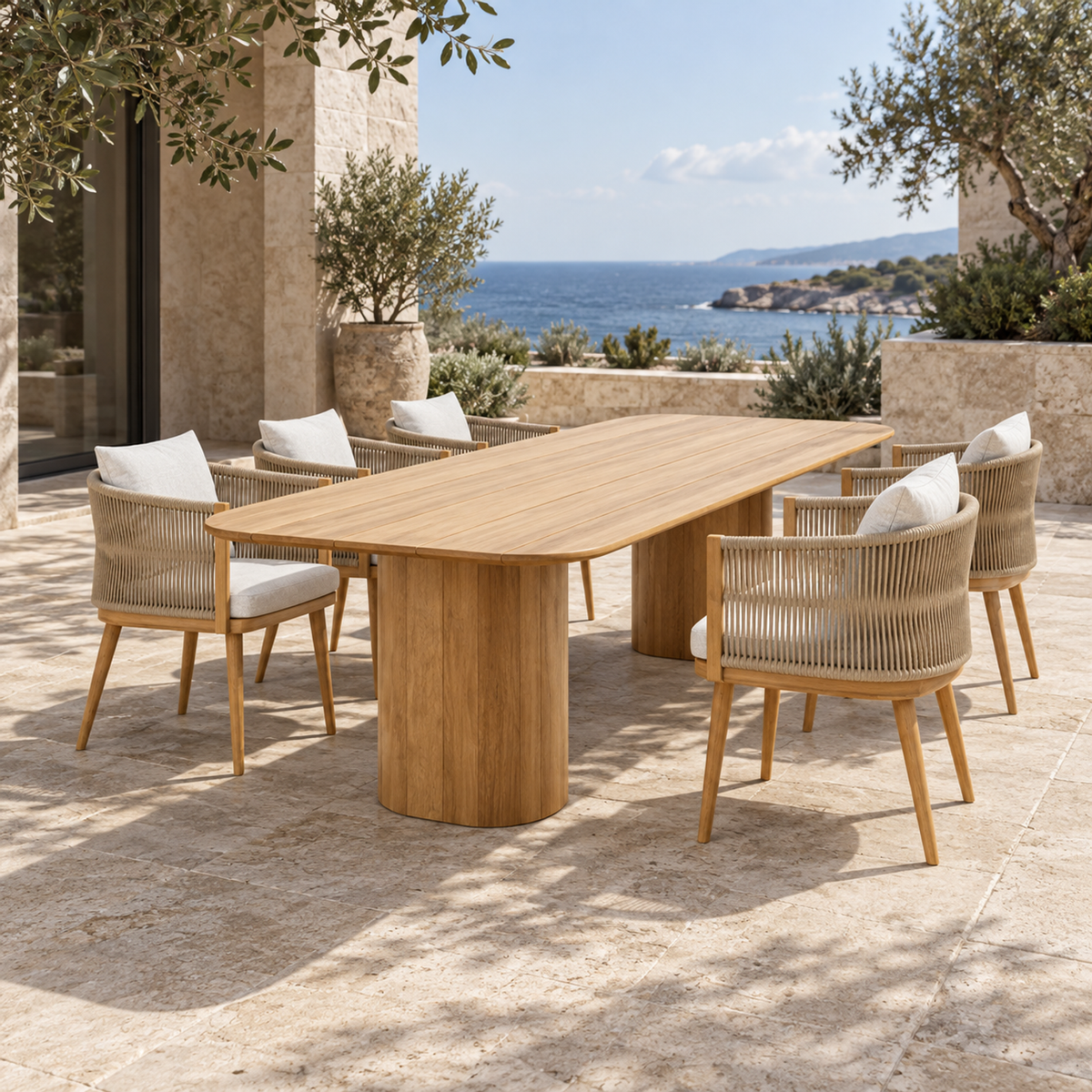 Ripple Outdoor Dining Set in Teak, view along the table from its short end