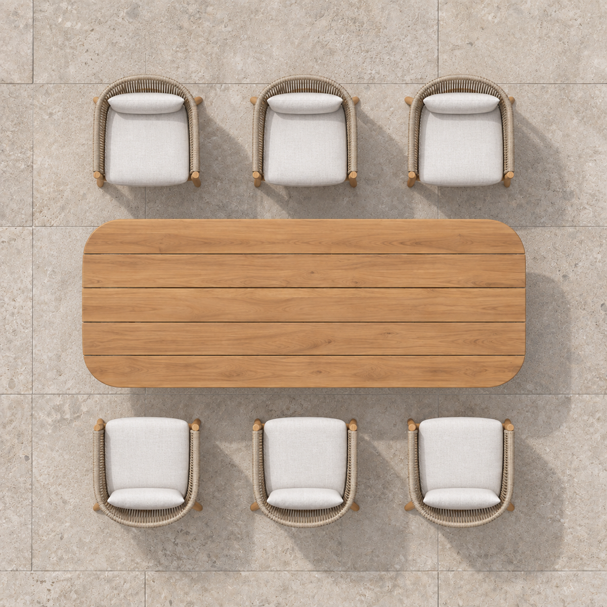 Ripple teak dining set, complete overhead view on a stone terrace