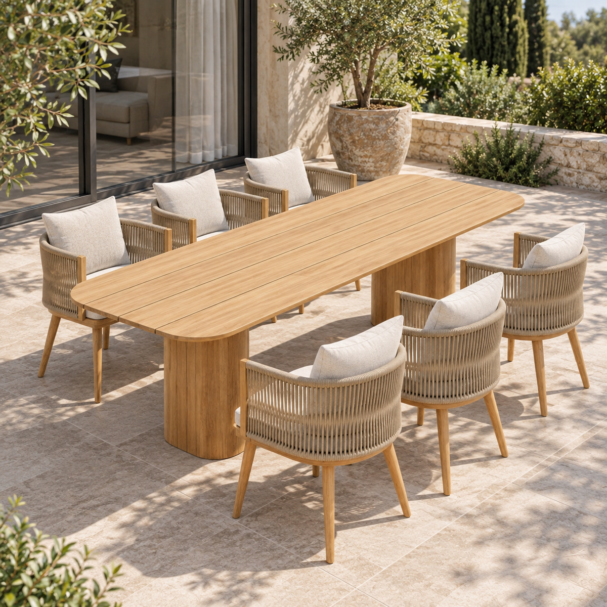 Lifestyle view: Ripple teak dining set, opposite left diagonal on a furnished home terrace