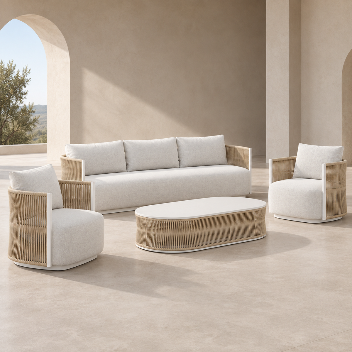 Ripple Outdoor Sofa Set in Aluminium, four-piece group in an open architectural courtyard
