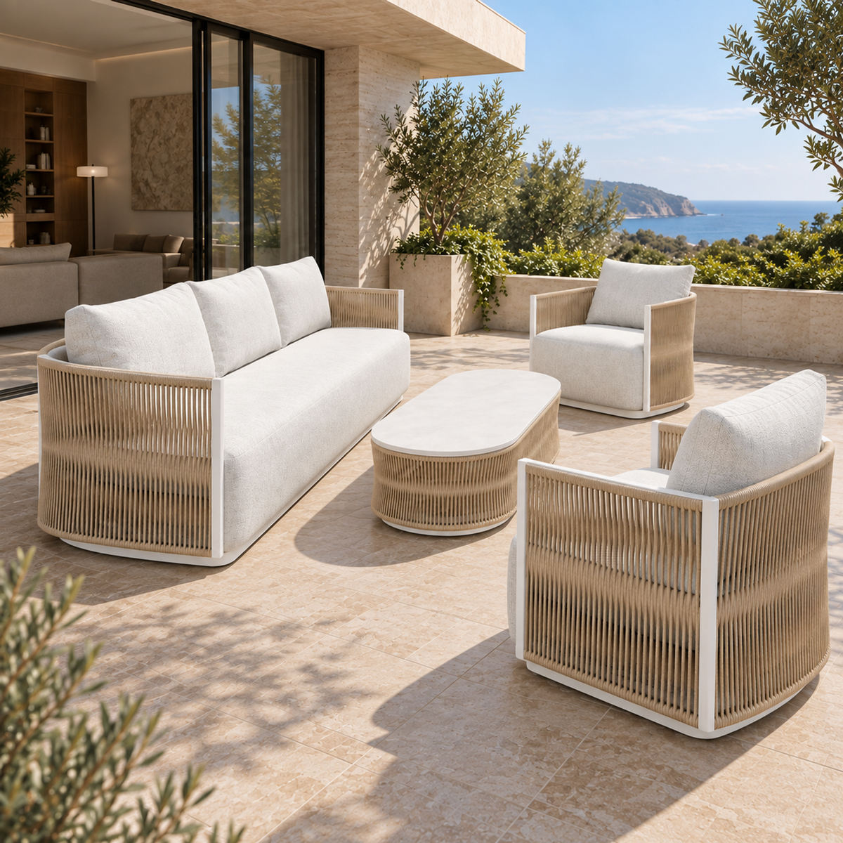 Ripple aluminium sofa set, view along the sofa from its left end on a furnished coastal terrace