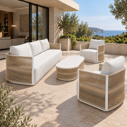 Ripple aluminium sofa set, view along the sofa from its left end on a furnished coastal terrace