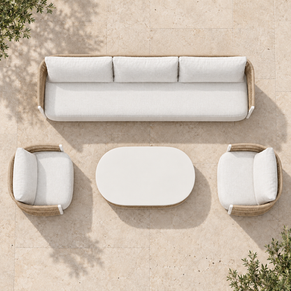 Ripple Outdoor Sofa Set in Aluminium, overhead view of the four-piece set on a stone terrace