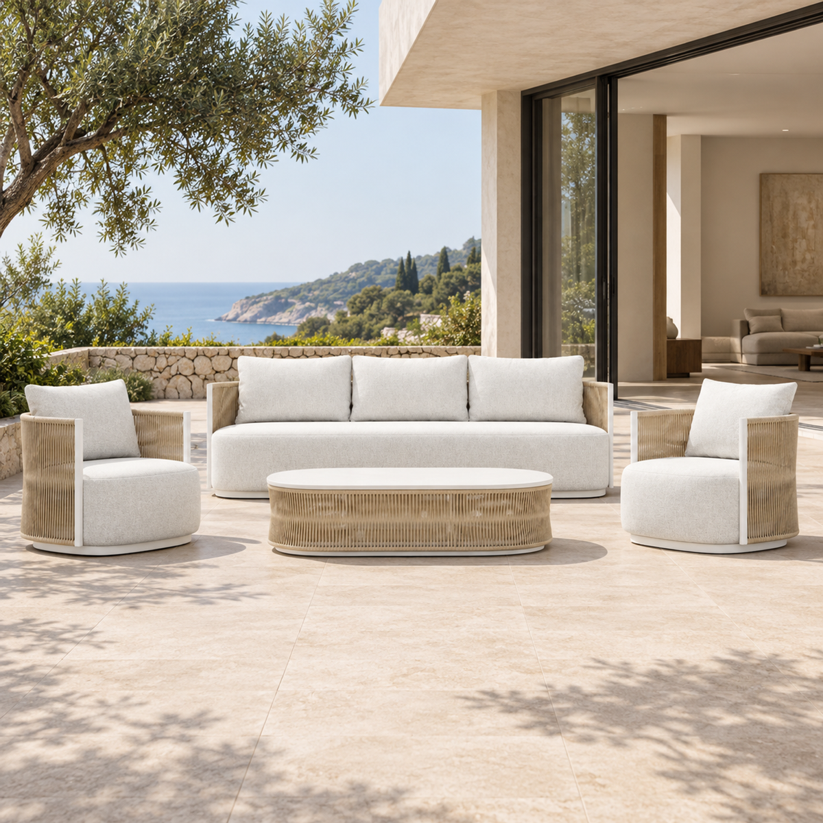 Lifestyle view: Ripple Outdoor Sofa Set in Aluminium, frontal view on a coastal home terrace