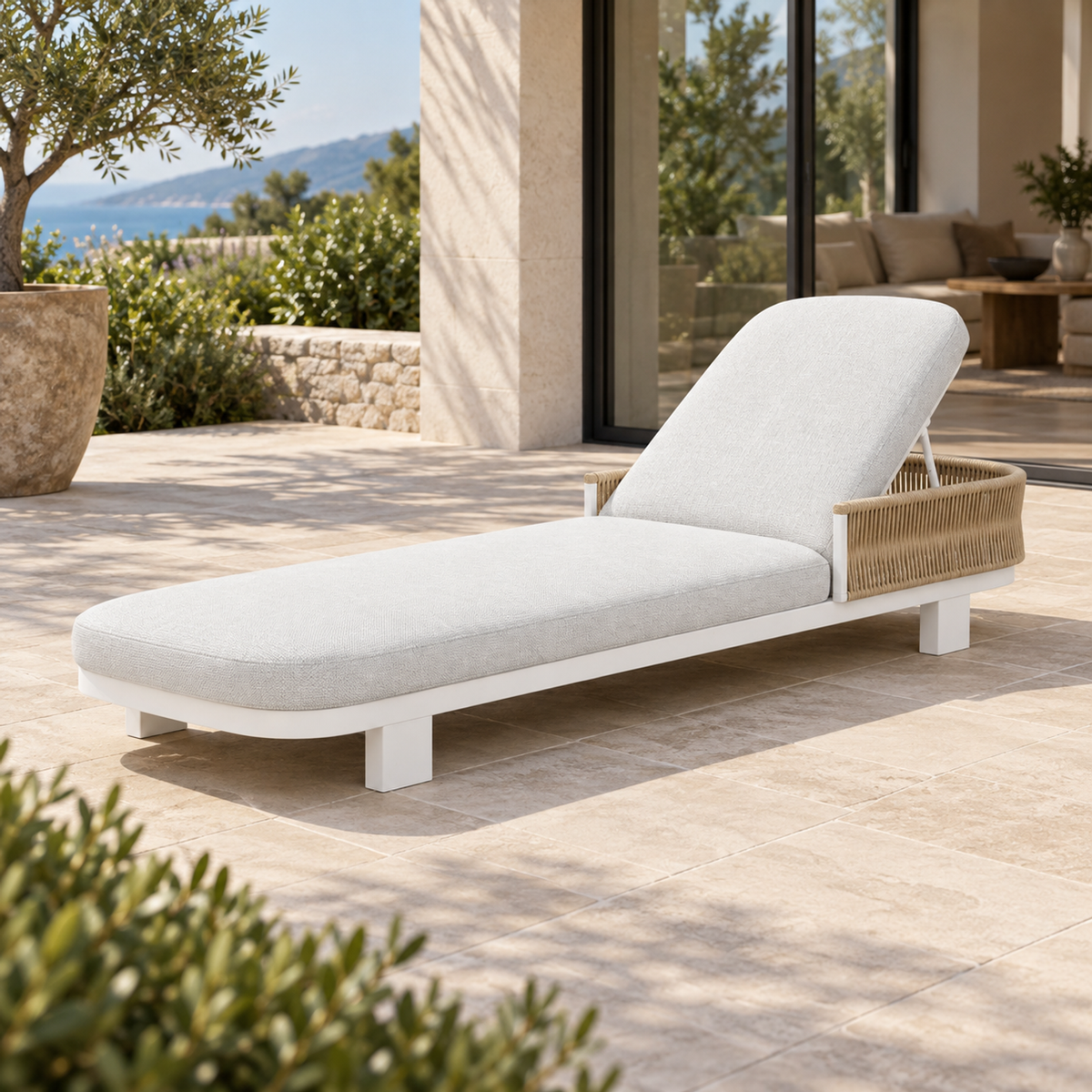 Lifestyle view: Ripple Reclining Sun Lounger in Aluminium, foot-end diagonal on a coastal terrace