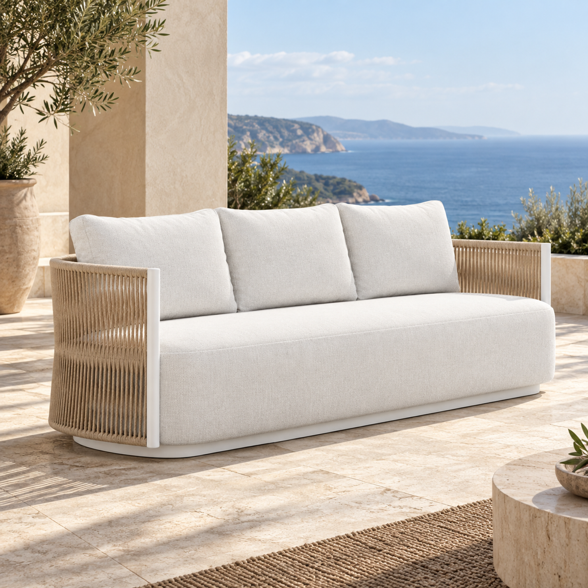Lifestyle view: Ripple Sofa in Aluminium, left three-quarter view on a coastal home terrace